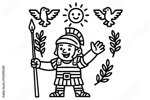 Smiling Roman Legionary. Cheerful Roman legionary waving a spear with smiling sun, eagles, and olive branches around, black and