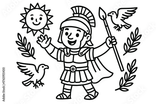 Smiling Roman Legionary. Cheerful Roman legionary waving a spear with smiling sun, eagles, and olive branches around, black and