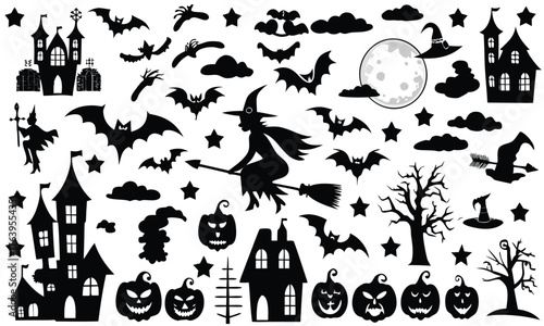 Spooky Witch and Castle Silhouettes with Pumpkins and Bats - Best 2025 Halloween Decor Collection