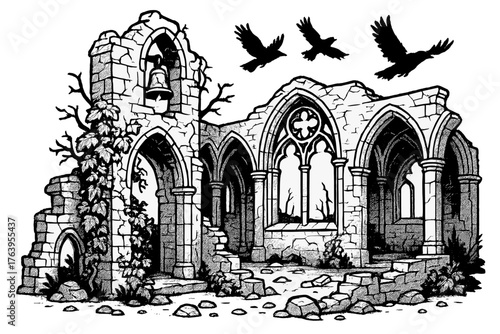 Gothic Monastery Ruins. Ruined gothic monastery with cracked stone walls, ivy crawling, and crows flying over a broken bell tower,