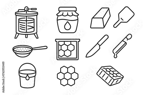 Honey Harvesting Icons. Line style icons of Honey Harvesting: Honey Extractor, Honey Jar, Wax, Strainer, Frame, Knife, Bucket,