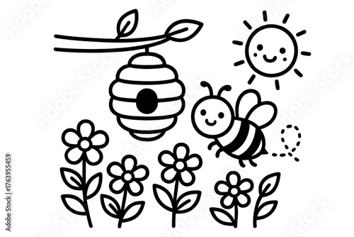 Bee and Hive Scene. A cute bee buzzing around a hive with flowers, leaves, and smiling sun nearby, black and white line art,