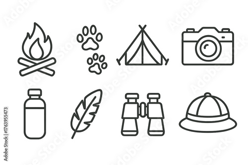 Safari Camp Icons. Line style icons of Safari Camp: Campfire, Animal Tracks, Canvas Tent, Vintage Camera, Water Bottle, Bird