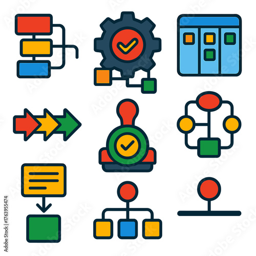 Business Workflow Icons. Flat vector icons of business workflow scenes: project pipeline icon, task automation gear, kanban board,