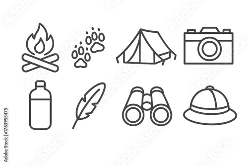 Safari Camp Icons. Line style icons of Safari Camp: Campfire, Animal Tracks, Canvas Tent, Vintage Camera, Water Bottle, Bird