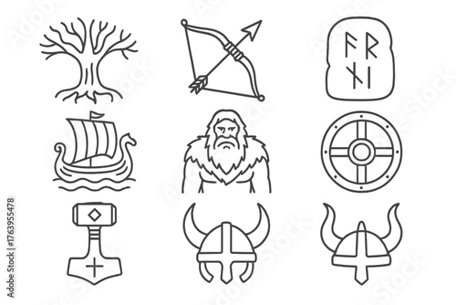 Nordic Myth Icons. Line style icons of Nordic Myth: Yggdrasil Trunk, Valkyrie Bow, Rune Tablet, Longship Sail, Frost Giant, Shield