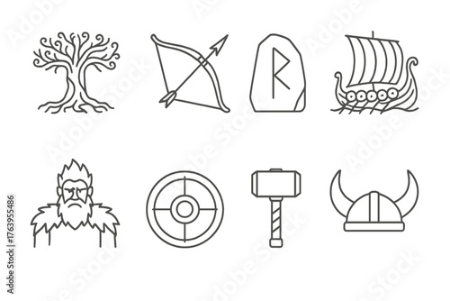 Nordic Myth Icons. Line style icons of Nordic Myth: Yggdrasil Trunk, Valkyrie Bow, Rune Tablet, Longship Sail, Frost Giant, Shield