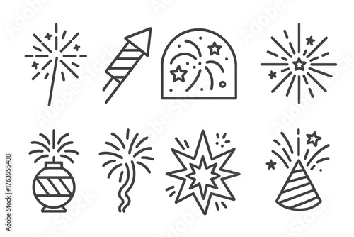 Fireworks Line Icons. Line style icons of Fireworks Display: Sparkler, Rocket, Night Sky, Star Burst, Firework Shell, Smoke Trail,
