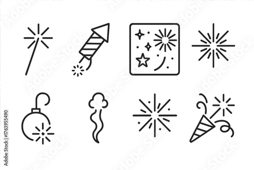 Fireworks Line Icons. Line style icons of Fireworks Display: Sparkler, Rocket, Night Sky, Star Burst, Firework Shell, Smoke Trail,