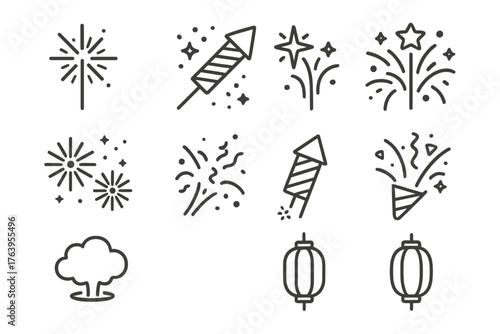 Fireworks Icon Collection. Line style icons of Fireworks Display: Sparkler, Rocket Tube, Star Burst, Night Sky, Firework Rocket,