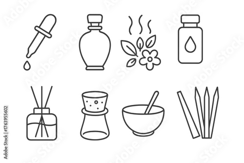 Perfumery Line Icons. Line style icons of Perfumery: Pipette, Scent Bottle, Notes of Fragrance, Essential Oil, Diffuser, Cork