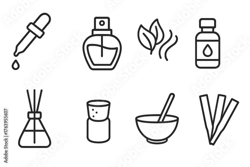 Perfumery Line Icons. Line style icons of Perfumery: Pipette, Scent Bottle, Notes of Fragrance, Essential Oil, Diffuser, Cork