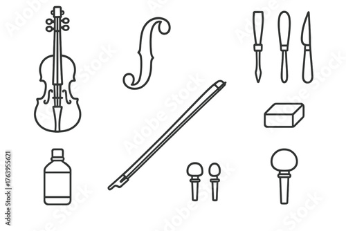 Luthier Craft Icons. Line style icons of Luthier: Violin, Soundhole, Wood Carving Tools, Varnish, Bow, Rosin, Fingerboard, Tuning