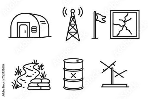 Forgotten Outpost Icons. Line style icons of Forgotten Outpost: Old Bunker, Radio Tower, Windswept Flag, Cracked Window, Overgrown