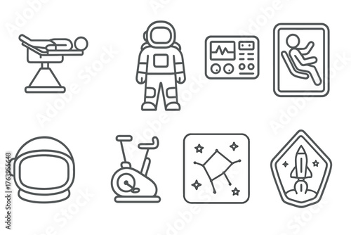 Astronaut Training Icons. Line style icons of Astronaut Training: Centrifuge, Spacesuit, Control Panel, Zero-G Simulator, Helmet,