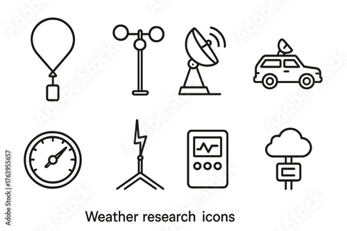 Weather Research Icons. Line style icons of Weather Research: Weather Balloon, Anemometer, Radar Dish, Storm Chaser, Barometer,