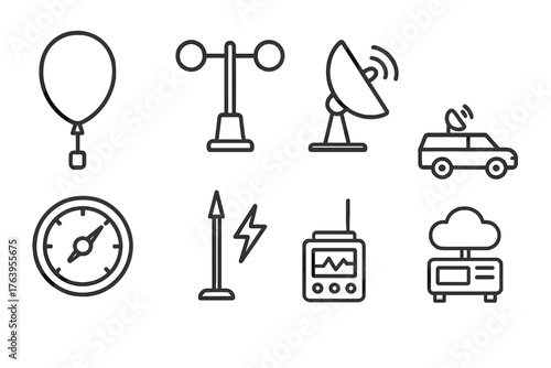 Weather Research Icons. Line style icons of Weather Research: Weather Balloon, Anemometer, Radar Dish, Storm Chaser, Barometer,