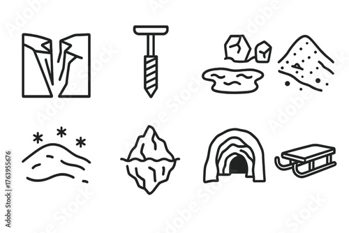 Glacier Icon Set. Line style icons of Glacier: Crevasse, Ice Core Drill, Meltwater, Moraine, Snowfield, Iceberg, Glacier Cave,