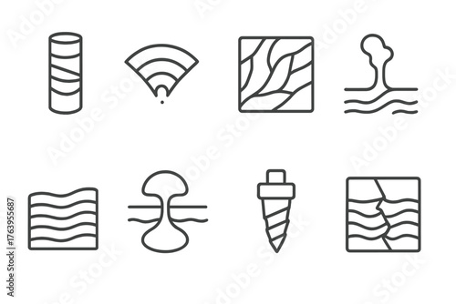 Deep Earth Icons. Line style icons of Deep Earth: Core Sample, Seismic Wave, Mineral Vein, Mantle Plume, Rock Strata, Magma