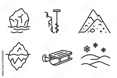 Glacier Line Icons. Line style icons of Glacier: Meltwater, Crevasse, Ice Core Drill, Moraine, Iceberg, Sledge, Glacier Cave,