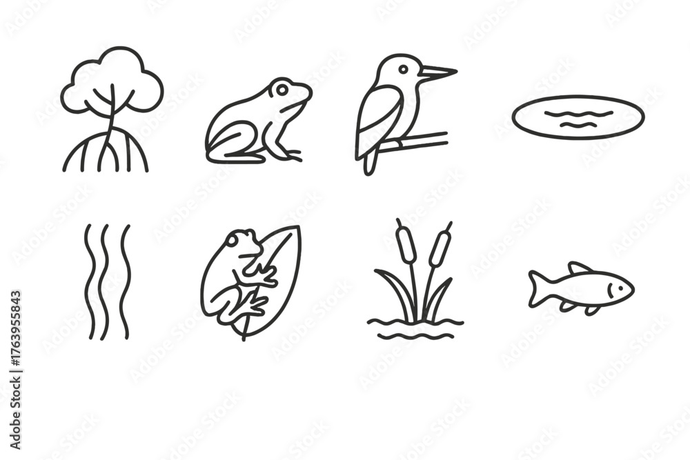 Naklejka premium Tropical Wetland Icons. Line style icons of Tropical Wetland: Mangrove, Frog, Kingfisher, Standing Water, Liana, Leaf Frog, Reeds,