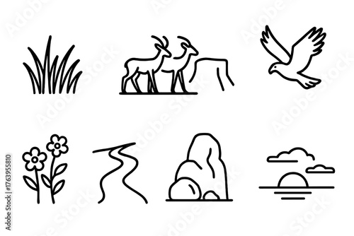 Grassland Plateau Icons. Line style icons of Grassland Plateau: Tall Grass, Herd of Antelope, Cliff, Hawk, Wildflowers, Trail,