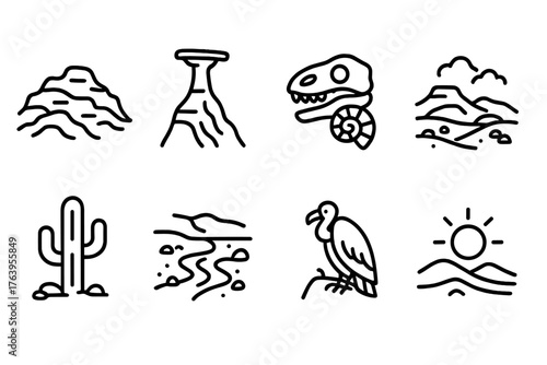 Badlands Line Icons. Line style icons of Badlands: Eroded Rock, Hoodoo, Fossil, Harsh Landscape, Cactus, Dry Creek, Vulture,