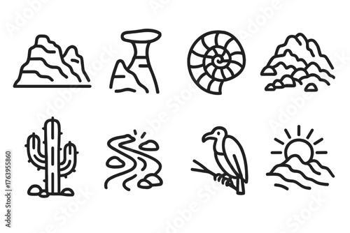 Badlands Line Icons. Line style icons of Badlands: Eroded Rock, Hoodoo, Fossil, Harsh Landscape, Cactus, Dry Creek, Vulture,