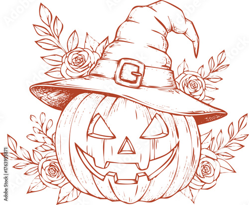 Halloween Pumpkin with Witch Hat and Roses Sketch jack o lantern carved
