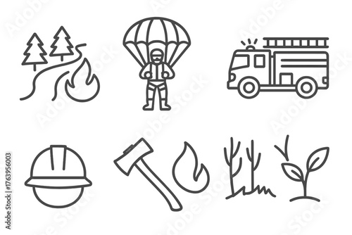 Wildfire Prevention Icons. Line style icons of Wildfire Prevention: Firebreak, Smoke Jumper, Fire Truck, Burned Forest, Helmet,