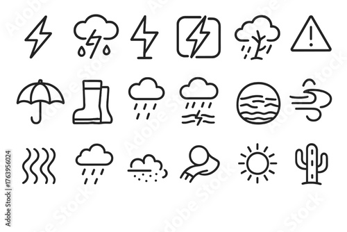 Weather Icons Collection. Line style icons of Extreme Lightning Storm: Bolt, Thundercloud, Rod, Power Surge, Flash, Rain, Tree,