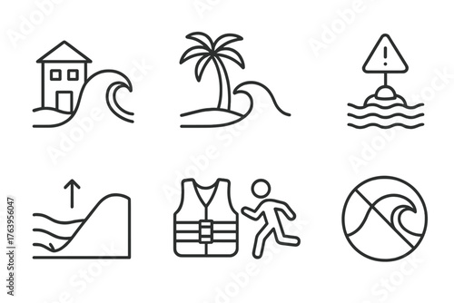 Tsunami Icon Set. Line style icons of Tsunami Environment: Coastal Building, Palm Tree, Wave, Receding Water, Warning Buoy,