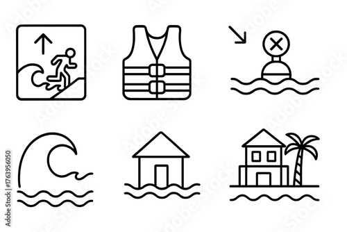 Tsunami Safety Icons. Line style icons of Tsunami Preparedness: Evacuation Route, Life Jacket, Warning Buoy, Receding Water, Wave,