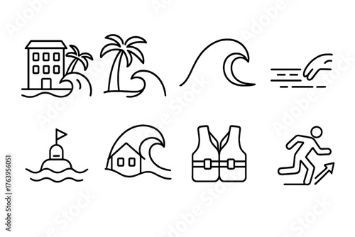 Tsunami Icon Set. Line style icons of Tsunami Environment: Coastal Building, Palm Tree, Wave, Receding Water, Warning Buoy,