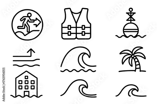 Tsunami Safety Icons. Line style icons of Tsunami Preparedness: Evacuation Route, Life Jacket, Warning Buoy, Receding Water, Wave,