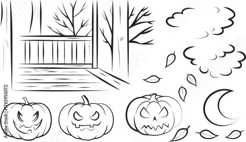 Scary Halloween Pumpkins on Porch with Moon and Leaves - Best 2025 Fall Decor Ideas