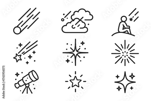 Meteor Shower Icons. Line style icons of Meteor Shower: Flashing Trail, Night Clouds, Hilltop Viewer, Shooting Star, Celestial