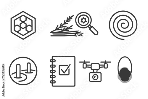 Crop Circle Icons. Line style icons of Crop Circle: Hexagon Design, Flattened Wheat, Investigation Gear, Spiral Crop, Field