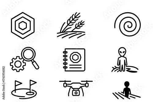 Crop Circle Icons. Line style icons of Crop Circle: Hexagon Design, Flattened Wheat, Investigation Gear, Spiral Crop, Field