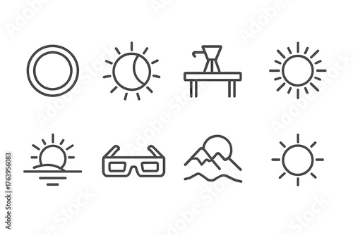 Solar Eclipse Icons. Line style icons of Solar Eclipse: Ring of Fire, Partial Eclipse, Observation Deck, Sunlight Glow, Shadow