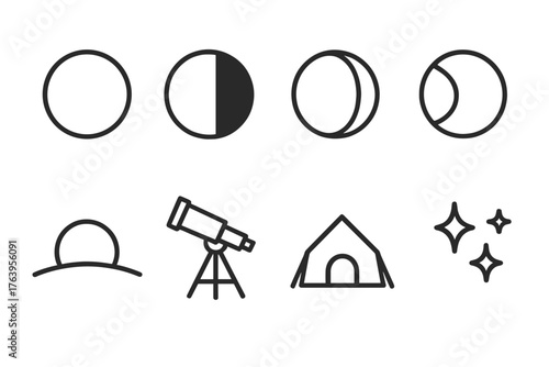 Lunar Eclipse Icons. Line style icons of Lunar Eclipse: Moon Silhouette, Earth's Shadow, Crescent Umbra, Fading Penumbra, Night