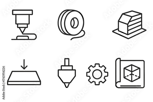 3D Printing Icons. Line style icons of 3D Printing: Extruder, Filament, Printed Prototype, Layered Object, Build Platform, Nozzle,