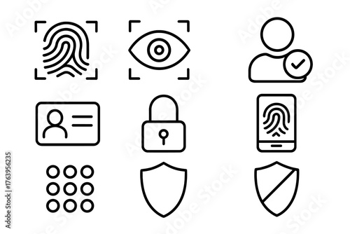 Biometric Security Icons. Line style icons of Biometric Security: Fingerprint, Eye Scan, Authorized Access, Personal ID, Lock Icon