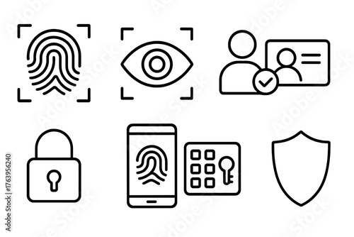Biometric Security Icons. Line style icons of Biometric Security: Fingerprint, Eye Scan, Authorized Access, Personal ID, Lock Icon