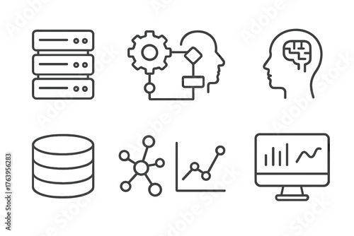 Data Mining Icons. Line style icons of Data Mining: Data Center, Machine Learning Algorithm, Pattern Recognition, Insight,