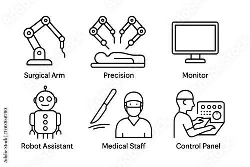 Robotic Surgery Icons. Line style icons of Robotic Surgery: Surgical Arm, Precision, Monitor, Incision, Robot Assistant, Scalpel,