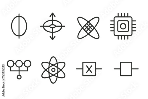 Quantum Computing Icons. Line style icons of Quantum Computing: Quantum Bit, Qubit, Superposition, Entanglement, Processor,