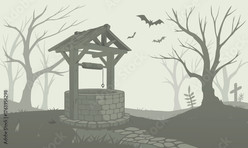 Eerie Haunted Well with Bats and Bare Trees - Spooky 2025 Halloween Forest Scene Decor Ideas