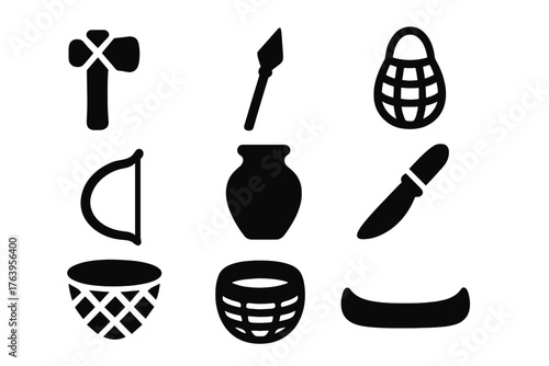Ancestral Tools Icons. Solid style icons of ancestral tools: stone axe, spear, fishing net, bow, clay jar, knife, basket, canoe,