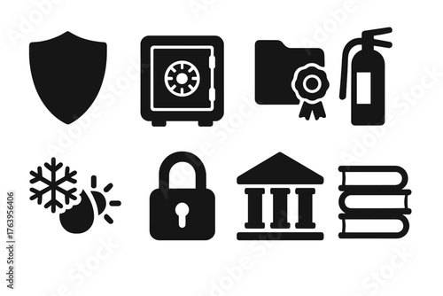 Preservation Icons Collection. Solid style icons of preservation: shield, safe box, sealed folder, fire extinguisher, climate